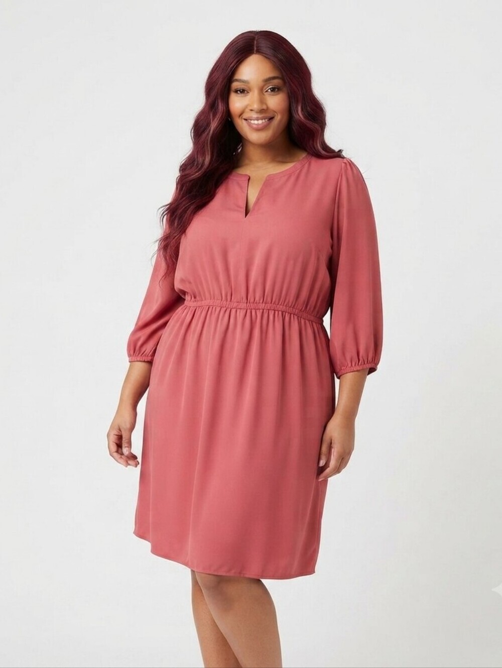 Lane Bryant Midi Dress Size 20 Coral Split Neck Cinch Elastic Waist Pullover New